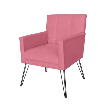 Imagem de Poltrona Estofada Para Sala Comercial Pés de Ferro Onix Suede Rosa Barbie - LM DECOR