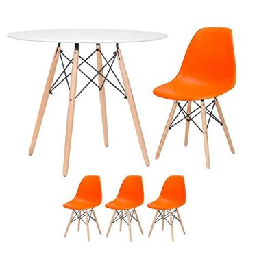 Imagem de Loft7, Kit - Mesa redonda Eames 90 cm branco + 3 cadeiras Eiffel Dsw Laranja