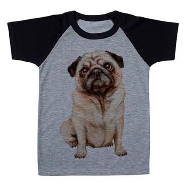 Imagem de Camiseta Raglan Infantil Cinza Cachorro Pug Sentado Bege (BR, Numérico, 2, Regular, Polialgodão)
