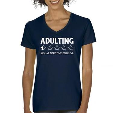 Imagem de Adulting Would Not recommend Camiseta feminina com gola em V Funny Adult Life is Hard Review Humor Parenting 18th Birthday Gen X Tee, Azul marinho, G