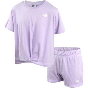 Imagem de New Balance Conjunto de shorts para meninas - camiseta de manga curta de 2 peças e shorts de lã - Lindo traje de verão para meninas (7-12), Lilás cibernético, 7-8