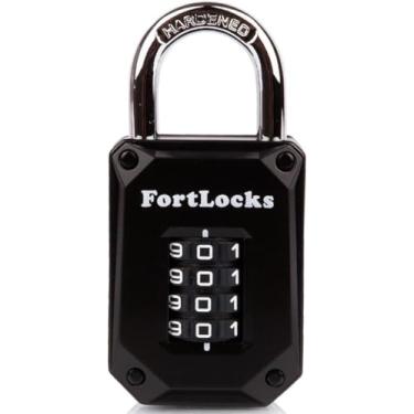 Imagem de FortLocks Cadeado de armário de academia – 4 dígitos, serviço pesado, aço inoxidável endurecido, à prova de intempéries e combinação externa – números fáceis de ler – código combo redefinível e à prova de cortes – 1 pacote preto