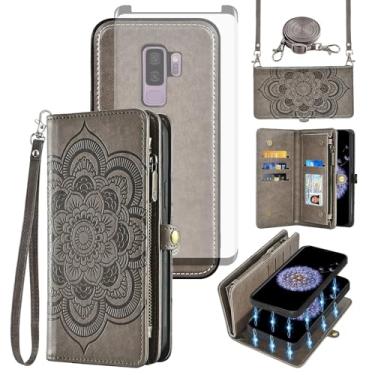 Imagem de Asuwish Capa de celular para Samsung Galaxy S9 Plus carteira com zíper destacável com protetor de tela de vidro temperado, alça transversal, porta-cartões de flores S9+ 9S 9+ S 9 9plus S9plus mulheres