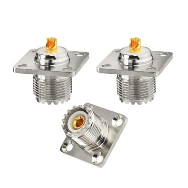 Imagem de Yuslao SO-239 Conector de montagem em chassi SO239 Conector de anteparo SO239 Conector de solda UHF Fêmea 4 Furos Painel Flange Copo de Solda Conector Pacote com 3