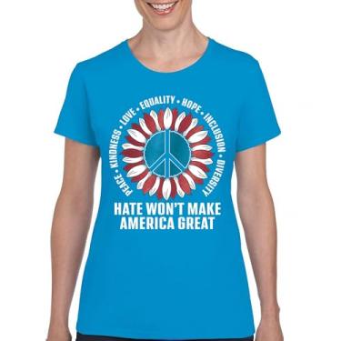 Imagem de Camiseta feminina Hate Won't Make America Great Peace Kindness Love Equality Hope Inclusion Diversity Peace Sign, Azul claro, XGG