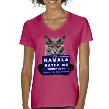 Imagem de Camiseta feminina Kamala Hates Me Trump 2024 gola V engraçada gato republicano animal de estimação anti Harris Vote vermelho MAGA Kitten 47 camiseta luta, Rosa choque, G