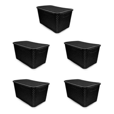 Imagem de Kit C/5 Caixas Cesto Organizador Guarda Coisas com Tampa Rattan Preto 