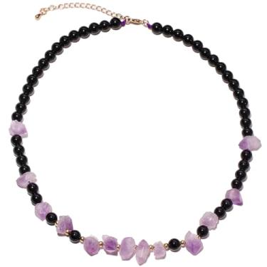 Imagem de Xfoxstal Colar feminino de obsidiana espiritual/ametista crua, ajustável, feito à mão, cristais e pedras, Pedra, Ametista