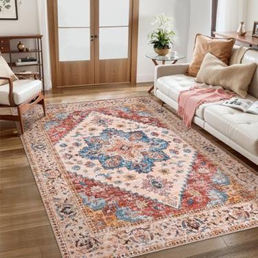 Imagem de Ciicool Boho Tapete de área lavável de 0,9 x 1,5 m Tapete de quarto antiderrapante para entrada oriental Tapete de piso interno de pelo baixo para sala de estar, lavanderia, decoração de hall de