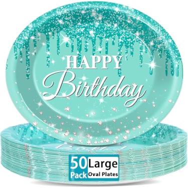 Imagem de 50Pcs Teal and Silver Birthday Oval Paper Plates 11Inch Large Blue Glitter Diamonds Platters Happy Birthday Party Decors Heavy Duty Dish Tray for Girls Women Birthday Gathering Tableware Set Supplies
