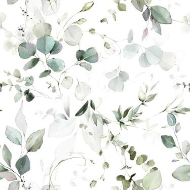 Imagem de XYZshop Papel de parede floral B002 Papel de parede autoadesivo com folhas de eucalipto verde/branco para quarto, sala de estar, quarto de crianças decorativo 44 x 299 cm