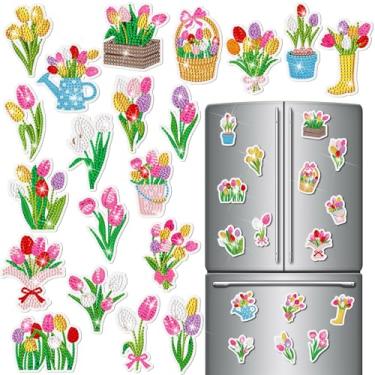 Imagem de Saillong 20 peças de ímãs de pintura de diamante para geladeira de mola, kits de pintura de diamante de gnomo, caminhão, diamante, flores, ímãs, para adultos, decoração de casa, artesanato de