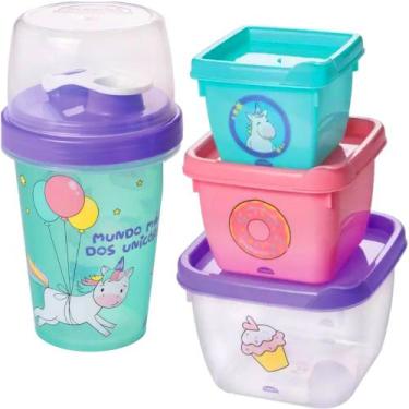 Imagem de Kit Infantil Porta Lanche Escola Unicórnio 4 Itens Plasutil - Plasútil