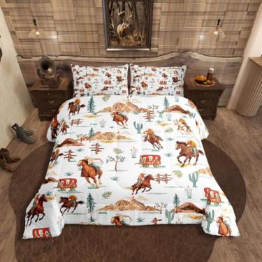 Imagem de Erosebridal Conjunto de cama com estampa de caubói, cavalo de fazenda ocidental, para meninos, adolescentes, homens, animais selvagens, rústico, edredom casal, cacto, deserto, branco, marrom,