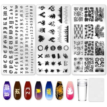 Imagem de beinkmake 3 peças, placa de estampagem de unhas com chama, número de letras, folhas, modelos de carimbos de unhas, placas de imagem de aço inoxidável, ferramentas reutilizáveis DIY com raspador de