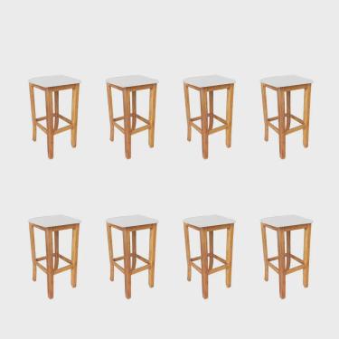 Imagem de Kit 08 Banqueta Alta Cally Gourmet Balcão Bistrô Cozinha Base Madeira Maciça Corino Branco - Ahz Móveis