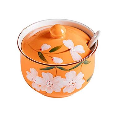 Imagem de FUYU Pote de tempero de cerâmica com flor pintada à mão açucareiro com tampa e colher
