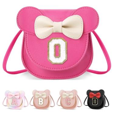 Imagem de XSUIOY Bolsa infantil para meninas, presente de aniversário para crianças, bolsa infantil com inicial personalizada, lindo laço de orelha, presente de menina, Pequeno-rosado-branco, O, O