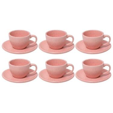 Imagem de Conjunto de 6 Xícaras Para Café 90ml Com Pires Cerâmica Rosa Mimo Styl