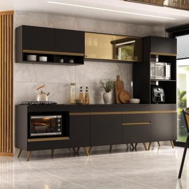 Imagem de Cozinha Modulada Completa Compacta 287cm Com Balcão Para Cooktop Veneza Multimóveis Mp2269 Preto Dourado