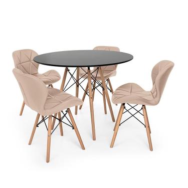 Imagem de Kit Mesa Jantar Eiffel 90cm Preta 04 Cadeiras Slim Nude