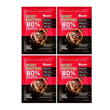 Imagem de Kit com 4  Saches Whey Protein 80% 30g Growth Chocolate Com Milk Shake