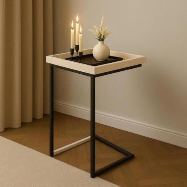 Imagem de Mesa de Apoio Lateral para Sofá com Espelho e Pés em Ferro JB, Pérola