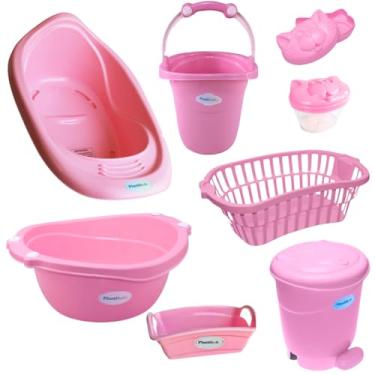Imagem de Kit banho Bebê 8 Peças Plastibaby Banheira Bacia Lixeira Balde Cesto Organizador Saboneteira e Porta Chupeta (Rosa)