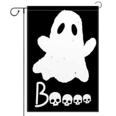 Imagem de ChloropLastid Bandeira de jardim fantasma de Halloween dupla face 30 x 45 cm assustador boo preto bandeira de quintal pequena estopa decorações ao ar livre