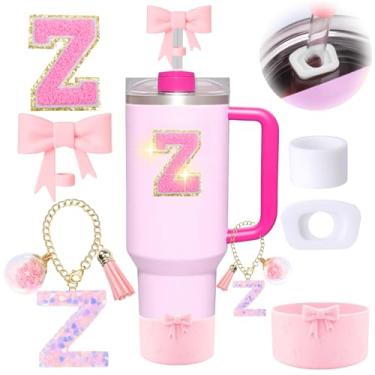 Imagem de 6 peças de acessórios rosa para copo Stanley, decorações para copo de 30/1,134 g com alça, inclui tampa e bota de cobertura de palha de laço, pingente de iniciais, adesivo de letra, tampa à prova de