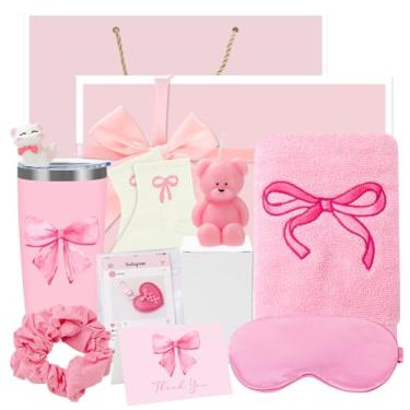 Imagem de FYSUIMU Conjunto de caixa de presente para mulheres com tema de laço rosa coquete com 10 outros itens adoráveis para mãe, esposa, namorada, irmã