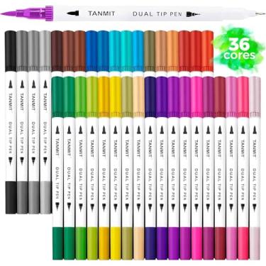 Imagem de Canetas Brush Pen e Ponta Fina 2 em 1 Kit 36 Cores Profissional para Lettering Caligrafia e Desenho Canetinhas Coloridas Dual Tip para Artistas Estudantes e Adultos
