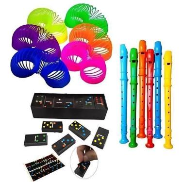 Imagem de Kit 5 Dominó 5 Flauta 5 Mola Maluca Lembracinha Brinquedo