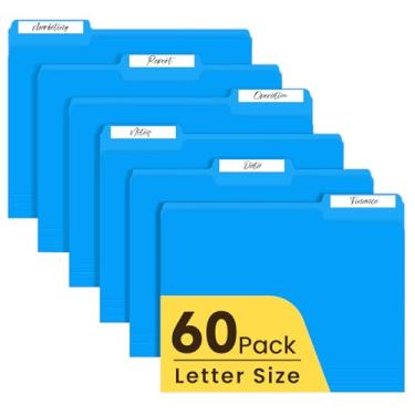 Imagem de Pasta de arquivo tamanho carta, 1/3 abas cortadas pasta de arquivo colorida, pacote com 60 pastas azuis para escritório, casa, escola, organização de arquivamento, conjunto de pastas de arquivo de