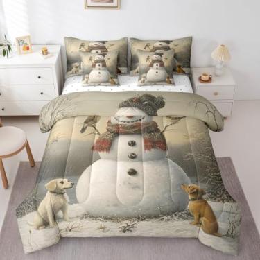 Imagem de Erosebridal Jogo de cama solteiro de 7 peças, boneco de neve de Natal em uma bolsa, fofo desenho de cachorro com edredom de filhote de pássaro, lençol de cima, lençol com elástico, fronhas, fronhas