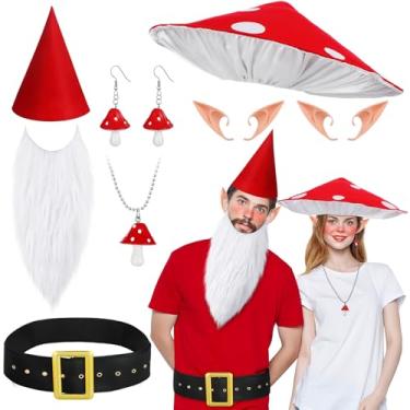 Imagem de Mepase Fantasia de casal de Halloween para adultos, cogumelos e gnomos, chapéu de cogumelo vermelho, orelhas de elfo, colar, brincos, chapéus de gnomo, cinto, acessórios para homens e mulheres