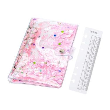 Imagem de NatSumeBasics Fichário rosa A6 fofo fichário orçamentário glitter Quciksand PVC capa planejadora 6 anéis protetor de caderno com régua para acessórios organizadores (rosa, fichário A6)