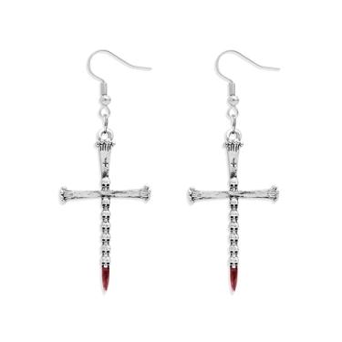 Imagem de Frigotine Brincos pendentes de cruz de espada gótica prateada para mulheres, moderno, vintage, morcego, caveira, punk, vampiro, punhal, adaga de vampiro, acessórios para fantasia de Halloween, joias
