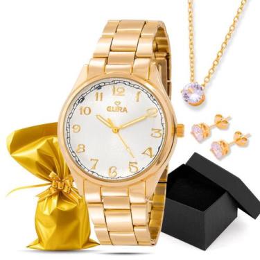 Imagem de Kit Relógio Eura Metal Detalhe Folha Dourado + Colar e Brinco, Branco