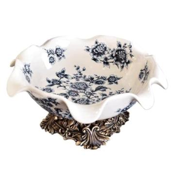 Imagem de Prato de frutas peônia azul e branco, bandeja de frutas de cerâmica criativa com base de resina, pratos de doces, travessas de lanches de festa para decoração de mesa