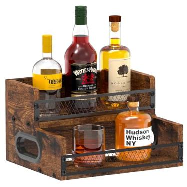 Imagem de Prateleira de exibição de garrafa de licor, organizador de xarope de café, rack de vinho de 2 degraus, organizador de estação de café com 8 garrafas com cercas e alças, suporte de prateleira de bar