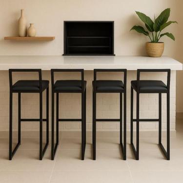 Imagem de Kit 4 Banquetas Bar Alta Quadrada modelo Pub com encosto preta assento