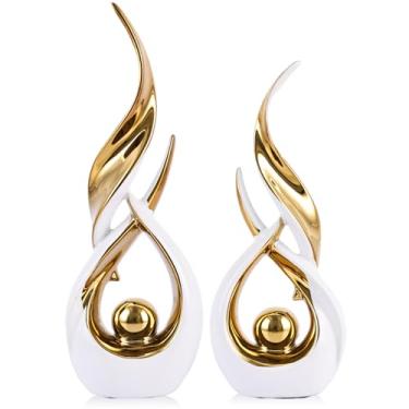 Imagem de Conjunto de estátua abstrata de cerâmica dourada de 2 peças, decoração de casa de arte abstrata moderna de meados do século em decoração de prateleira exclusiva, divisória de armário de TV e mesa de