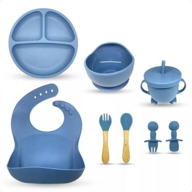 Imagem de Kit Refeição Bebê Silicone 08 Peças Introdução Alimentar BLW Seguro Livre BPA Ventosas Prato Talher Copo Antiderrapante (Azul)
