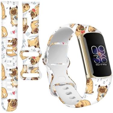 Imagem de BOSPFJG Pulseiras esportivas compatíveis com Charge 6/Charge 5 para mulheres e homens, pulseiras de substituição macias à prova d'água para rastreador de fitness Charge Advanced (filhotes de pug bege