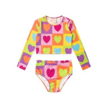 Imagem de Conjunto Biquíni Infantil Menina Pink Cropped Manga Longa e Calcinha C
