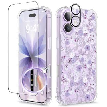 Imagem de GVIEWIN Capa para iPhone 17, com protetor de tela + protetor de lente da câmera, [não amarela] Capa protetora feminina transparente floral fina à prova de choque rígida PC traseira para iPhone 17 de