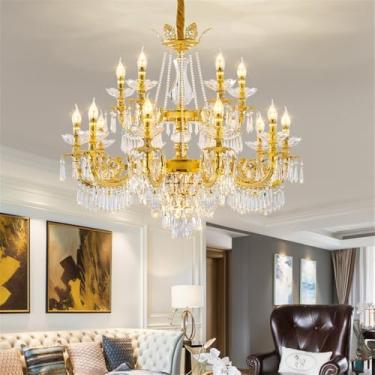 Imagem de OUFULA Lustre de cristal europeu para sala de estar de luxo Restaurante Americano Dourado Quarto Hotel Vila Edifício duplex Lâmpada Pendente (D 15 Luzes)