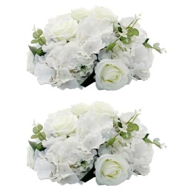 Imagem de QUTUNI Pacote com 2 arranjos de bolas artificiais de flores rosas – centros de mesa falsos brancos de 38 cm com base para casamento, decoração de mesa de festa, decoração de casa do dia dos namorados