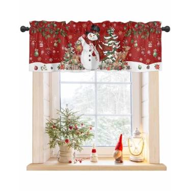Imagem de LaBLUUX Sanefas vermelhas de Natal com boneco de neve para janelas, árvores de Natal, bolas de alce, presente, flocos de neve de inverno, retrô, cortina de bolso para varão, sanefa, tratamento de